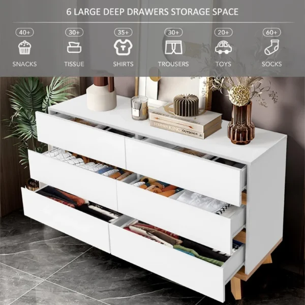 Double Dresser with Six Drawers and Spacious Chest for Wardrobe, Bedroom Storage Solution, Glossy Wood Organizer 5