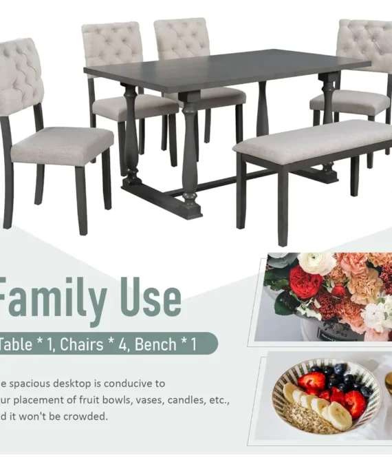 Retro Style 6-Piece Dining Set with Beige Foam-Covered Seat Backs and Special-Shaped Legs For Dining, Living and Kitchen 2