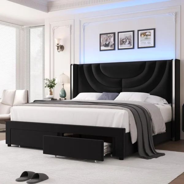 Modern LED Queen Bed Frame with 2 Storage Drawers and Solid Wooden Slats 7