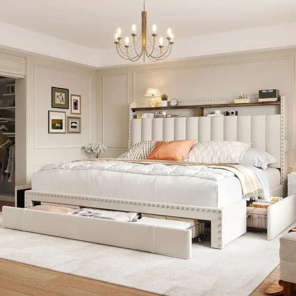 Queen Size Upholstered Bed Frame Featuring a Headboard and Equipped with 3 Spacious Drawers for Convenient Storage 6