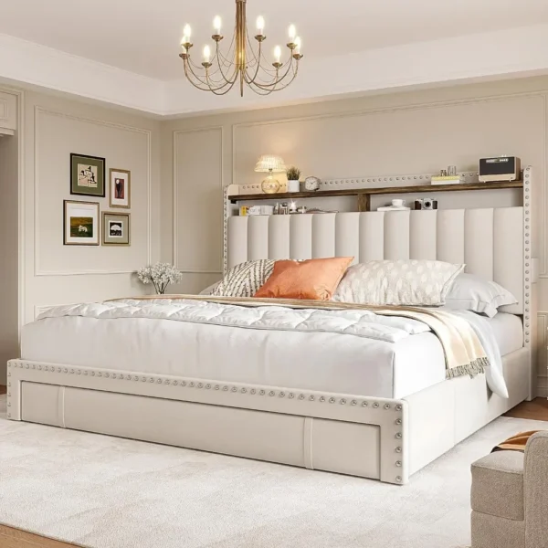 Queen Size Upholstered Bed Frame Featuring a Headboard and Equipped with 3 Spacious Drawers for Convenient Storage 4