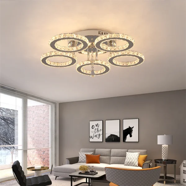 Modern Crystal Ceiling Light Fixture: App-Controlled Dimmable Rings-Shaped Flush Mount Chandelier, Ideal for Bedroom or Living Room 3