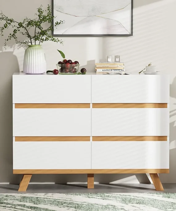 Double Dresser with Six Drawers and Spacious Chest for Wardrobe, Bedroom Storage Solution, Glossy Wood Organizer 1