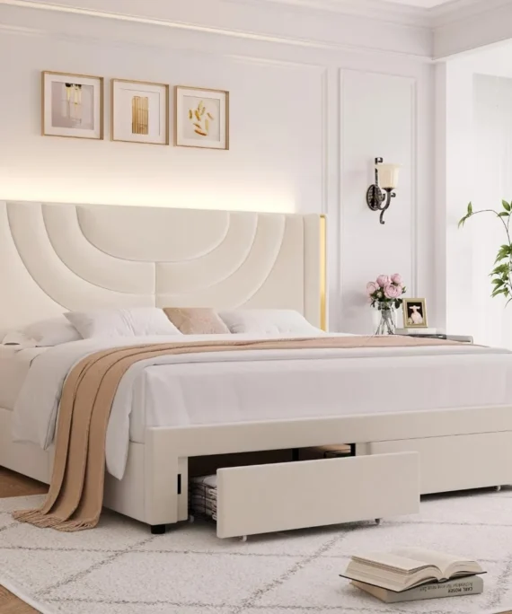 Modern LED Queen Bed Frame with 2 Storage Drawers and Solid Wooden Slats 1