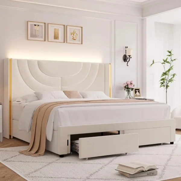 Modern LED Queen Bed Frame with 2 Storage Drawers and Solid Wooden Slats 1