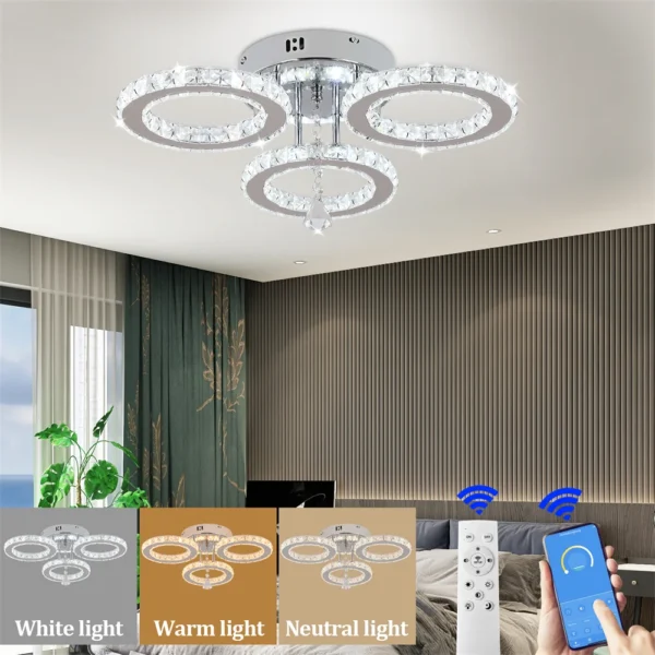 Modern Crystal Ceiling Light Fixture: App-Controlled Dimmable Rings-Shaped Flush Mount Chandelier, Ideal for Bedroom or Living Room 2