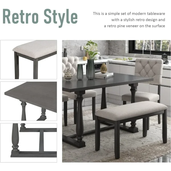 Retro Style 6-Piece Dining Set with Beige Foam-Covered Seat Backs and Special-Shaped Legs For Dining, Living and Kitchen 4