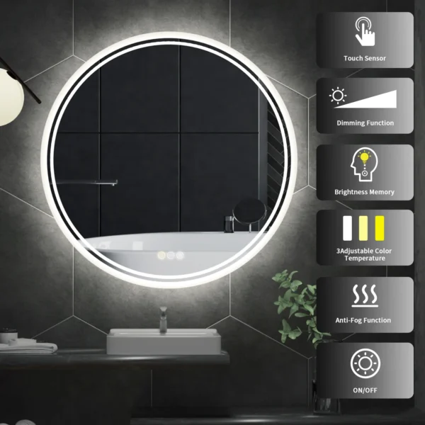 Radiant Reflections LED-Lit Circle Mirror – Fog-Free, Wall-Mounted, Multi-Color, IP65 Dimmable 4