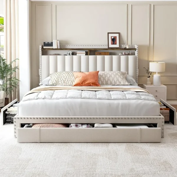 Queen Size Upholstered Bed Frame Featuring a Headboard and Equipped with 3 Spacious Drawers for Convenient Storage 5