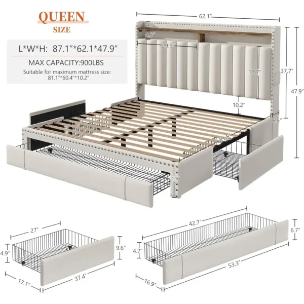 Queen Size Upholstered Bed Frame Featuring a Headboard and Equipped with 3 Spacious Drawers for Convenient Storage 3