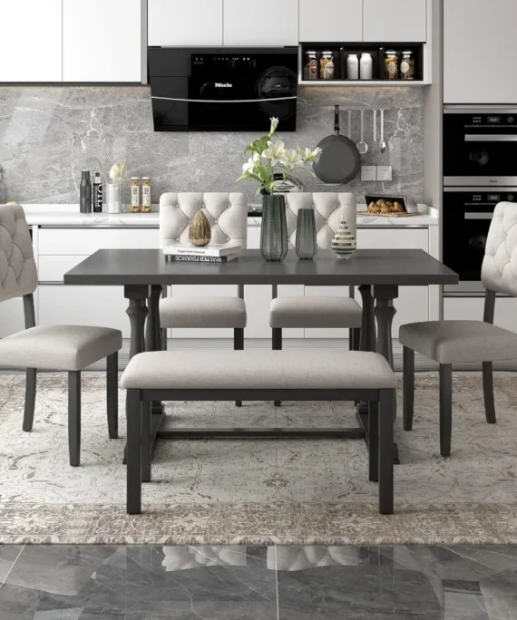 Retro Style 6-Piece Dining Set with Beige Foam-Covered Seat Backs and Special-Shaped Legs For Dining, Living and Kitchen 1