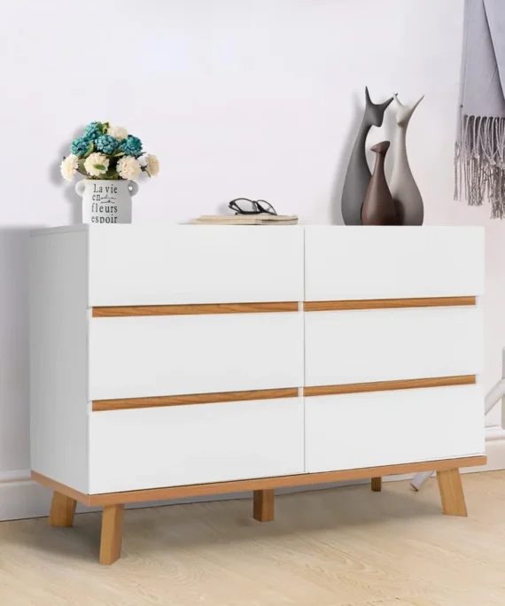 Double Dresser with Six Drawers and Spacious Chest for Wardrobe, Bedroom Storage Solution, Glossy Wood Organizer 2