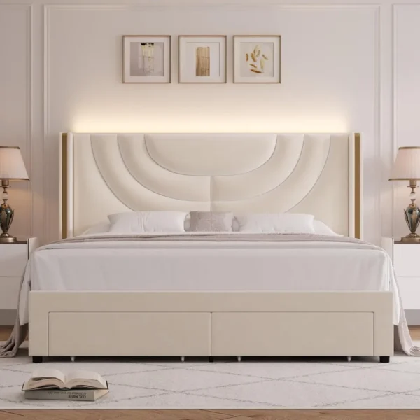 Modern LED Queen Bed Frame with 2 Storage Drawers and Solid Wooden Slats 3