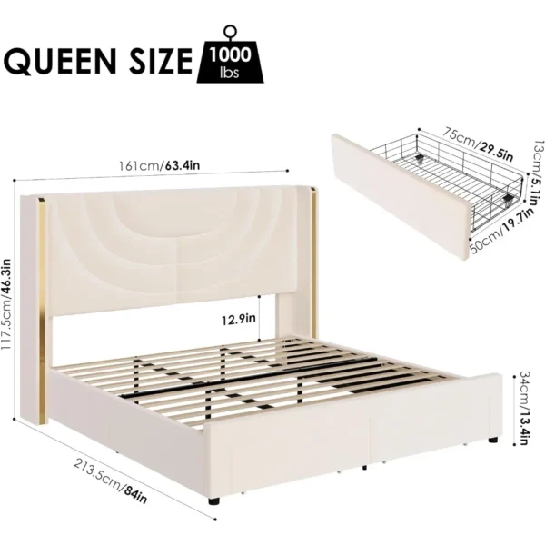 Modern LED Queen Bed Frame with 2 Storage Drawers and Solid Wooden Slats 2