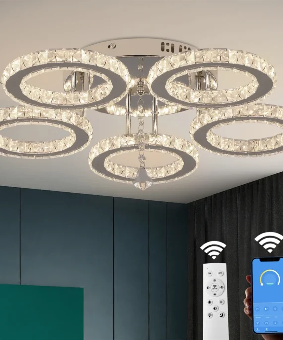 Modern Crystal Ceiling Light Fixture: App-Controlled Dimmable Rings-Shaped Flush Mount Chandelier, Ideal for Bedroom or Living Room 1
