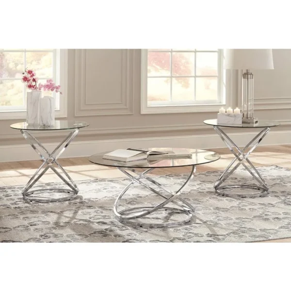 Modern Chrome and Glass 3-Piece Living Room Table Set, Coffee Table and 2 End Tables,Chrome 2