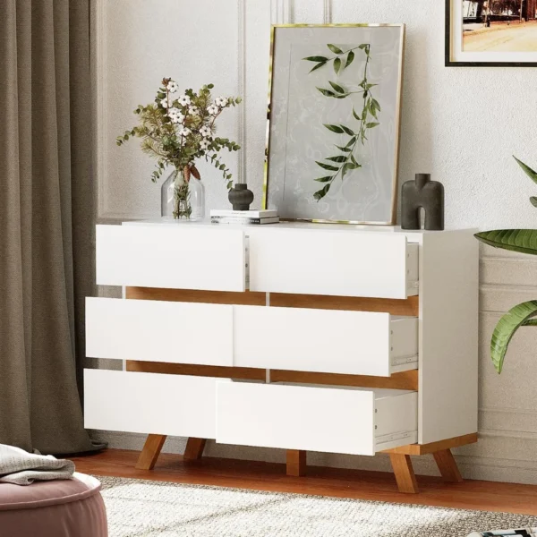 Double Dresser with Six Drawers and Spacious Chest for Wardrobe, Bedroom Storage Solution, Glossy Wood Organizer 4