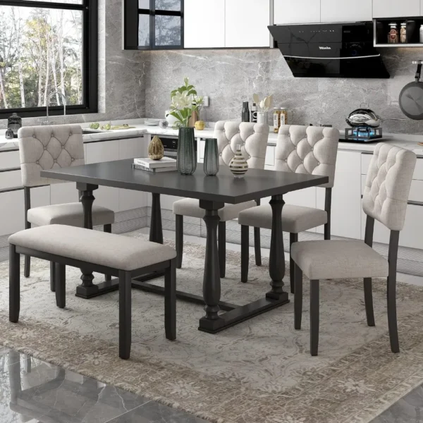 Retro Style 6-Piece Dining Set with Beige Foam-Covered Seat Backs and Special-Shaped Legs For Dining, Living and Kitchen 5