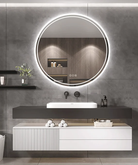 Radiant Reflections LED-Lit Circle Mirror – Fog-Free, Wall-Mounted, Multi-Color, IP65 Dimmable 2