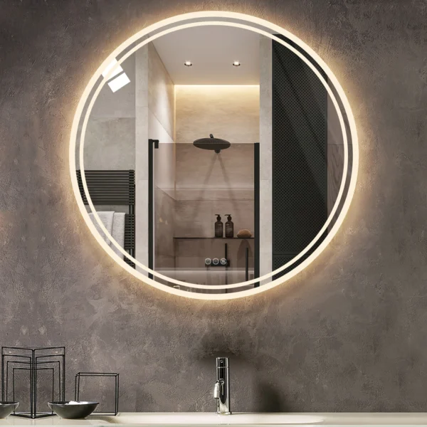 Radiant Reflections LED-Lit Circle Mirror – Fog-Free, Wall-Mounted, Multi-Color, IP65 Dimmable 1